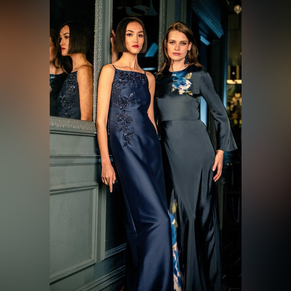 Sachin & Babi Alex Gown in Midnight Corsage Navy Blue Floral Satin Dress Size 14 - Picture 12 of 17